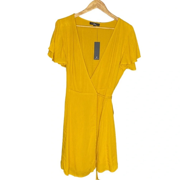 ✨NWT Lulus Mustard Yellow Harbor Point Mini Wrap Dress Size Medium - Picture 2 of 11